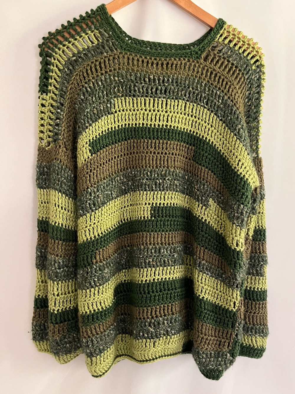 Unbranded Hand Knit Open Knit Green Striped Sweater One of a Kind Grunge Medium
